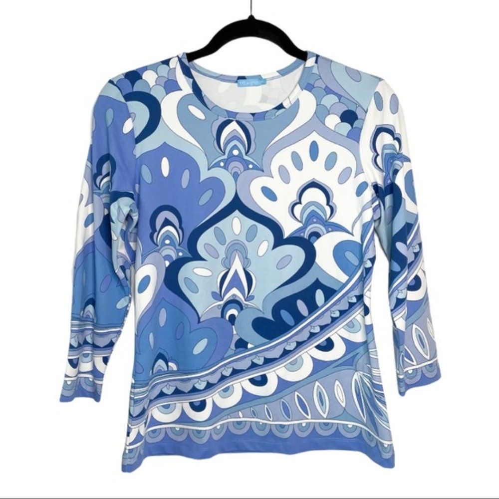 J. McLaughlin Blue Patterned Top Size Medium